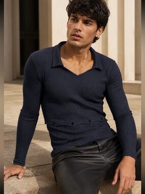 HEAD OF STATE Ade Convertible Ribbed Cutout Polo Top Navy Blue Size XL NWT